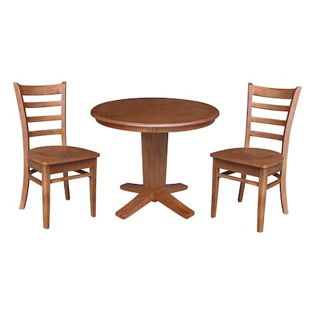 International Concepts 36 in. Solid Wood Round Top Pedestal Dining Table with 2 Chairs in Distress Oak K42-36RT-23B-C617-2